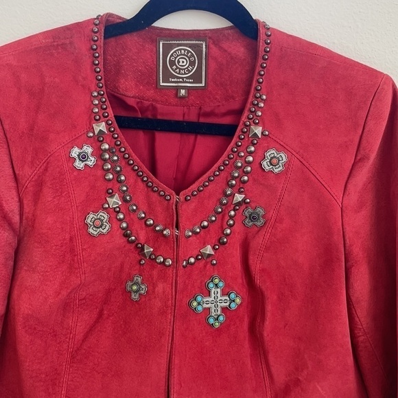 Double D Ranch Coral red embellished suede leather jacket M - Picture 3 of 12